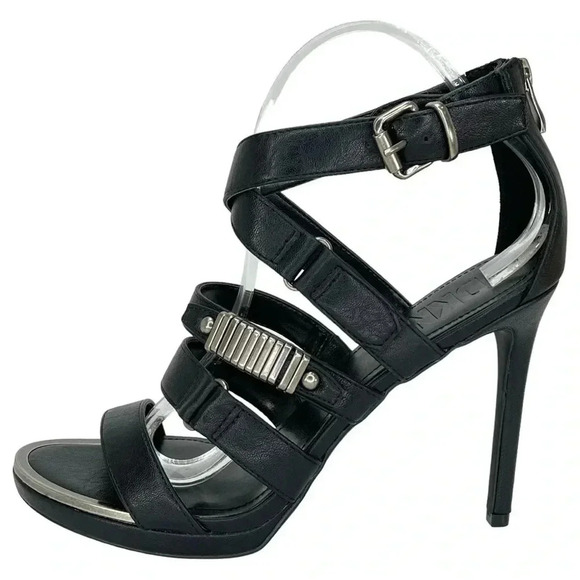 DKNY Deb Black Strappy Faux Leather Womens Heels Size 10M - Picture 3 of 16
